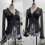 Fongt Shooting V Tie With Retro 2025 New Hottie Sexy Lace Splicing Pu Leather Hollow Shirt Top 6108