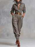 Fongt Women's Long Sleeve Shirt Collar Pocket Jumpsuits Trousers