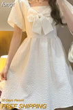 Puff Sleeve Dresses Women Bow Students Kawaii Y2k Summer Vestidos Basic Design Daily Stylish Young Preppy Sheer Retro