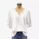 Fongt Women's New Square Texture Horn Sleeve Shirt V-Neck Top