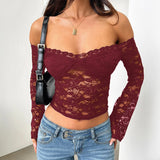 Fongt 2025 Women's New Fashion Sexy Hot Babes Lace Word Long-Sleeved Short Top