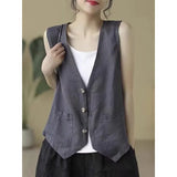 Fongt Retro Art Hook Sleeveless Vest Lady Loose V Collar Horse Clip Single Buckle Cardigan