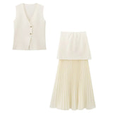 Fongt Women's Clothing 2025 Summer Solid Color Trim Gold Button Knitted Vest Top + Half Skirt Set