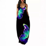 Fongt New Ladies Digital Print Butterfly Sexy V-Neck Dress Suspension Dress Women's Dress