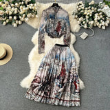 New Advanced Casual Women's Elastic Long Sleeve Pleated Top+High Waist Pleated Half Skirt Printed Skirt 2-piece Set-Outfit