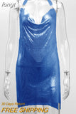 Luxury Sequined Low Cut Halter Mini Dress Backless Patchwork Split Sleeveless Hollow Out Party Sexy Women Solid