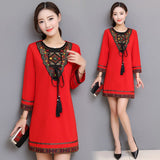 Spring Print Embroidery Folk-Custom Empire Woman Dress Elegant Slim Black Female Dresses Plus Size 4XL Office Lady