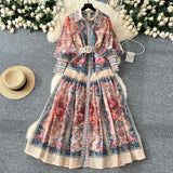 Fongt Court Print Flip Lantern Sleeves To Close Waist Single Buckle Dress Women Thin Elegant Long Dress