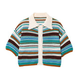 Fongt Women's 2025 New Crochet POLO Shirt Collar Striped Crochet Shorts Set