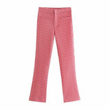 2023 Plaid High Waist Flare Pants Women Vintage Red Gingham Summer Trouser Chic Front Welt Pockets Woman Casual Pants 703-0-Outfit