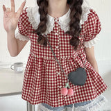 Aesthetic Lace Collar Checkered Puff Sleeve Blouse-Outfit