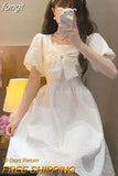 Puff Sleeve Dresses Women Bow Students Kawaii Y2k Summer Vestidos Basic Design Daily Stylish Young Preppy Sheer Retro
