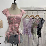 Fongt Industrial Lace Splicing Elastic Print With Bow Short-Sleeved T-Shirt 6185