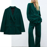 2021 Double Breasted Green Blazer Women Long Sleeve Shoulder Pads Vintage Fitted Blazers Outerwear Female Autumn