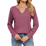 New V-Collar Color Cotton Pure Color Long-Sleeved Loose T-Shirt Jacket Women-Outfit