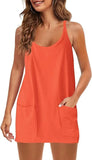 Fongt Summer Solid Sleeveless Dress Fine Shoulder Strap Vest Skirt Sports Skirt Pocket