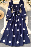Women Polka Dot Dress Spring Autumn Vintage Square Collar Lantern Long Sleeve Casual Long Dresses Ladies High Waist