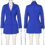 Single Breasted Blazer Women Jacket Notched Collar Lace-up Drawstring Slim Pockets Elegant Blazers Ladies Outerwear Tops-Outfit