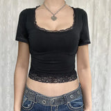 Wind Lace Splicing Small Design U-Shaped Collar Slim Plain Color Short-Sleeved T-Shirt 2024 New Style-Outfit