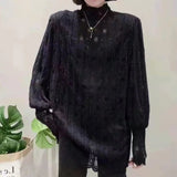 Women's Clothing Fashion Lace Hollow Out Blouse Sexy Spring Autumn New Long Sleeve Casual Solid Color All-match Turtleneck Shirt-Outfit