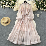 Fongt Standing Collar Nails Drilled Full Of Star Buckle Lantern Sleeves Tied With Waist Temperament Dress Famous Party Dress Dress