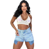 Fongt Women's Shorts Women's Street Fashion High Waist-Side Big Pocket Elastic Jeans
