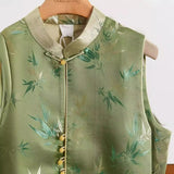 Chinese Style Emerald Green Round Collar Buckle Printed Ridge Shoulder Vest 2024 Spring Style Cool Zen Horse Clip Vest-Outfit