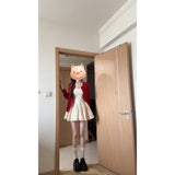 Fongt Lazy Temperament Red Knitted Cardigan French Wave Dot Square Slings To Collect Waist Thin A Word Skirt
