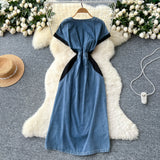 Fongt Elegant Denim Dress Woman 2025 Summer High-End Heavy Industry Diamond Embroidery Waist V-Neck Short-Sleeved Long Dress