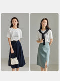 Round Neck Short Sleeve T-shirts Loose Midweight Straight Office Lady Letter Printing Solid Spring Cotton
