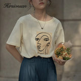 Abstract Character Printed T Shirt Women 2021 Summer New Vintage Harajuku 100% Cotton Tees Soft Casual Female