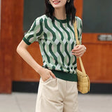 Ice Silk Knitted Sweater Women Striped Vintage Short Sleeve Summer Loose Thin O Neck Pullovers 2023Autumn Casual