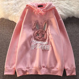 Kawaii Harajuku Pink Cartoon Rabbit Print Oversize Hoodies Women Gothic Black Long Sleeve Pullover Female