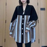 Women's Clothing Korean Striped Blouse Casual V-Neck Loose Spring Autumn Commute Single-breasted Basic Fashion Patchwork Shirt-Outfit