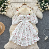 Fongt Spring And Summer Sweet Shoulder Slings Bubble Short Sleeve Cherry Print Waist Dress Women's Wooden Ear Short Skirt