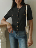 Fongt Simple Elegant Double Pocket Metal Buckle Knitted Top Temperament Round-Neck Cardigan