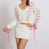 White Pink Ribbon Lace Up Sweater Cardigan-Outfit