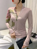 Autumn Fashion Bronzing T-shirt Women Located Printing Big Flowers Slim TShirts Female High Stretch Top HF8730-Outfit