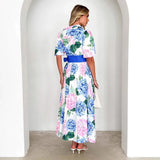 Fongt Printed Bohemian Dress Spring Summer New Short-Sleeved Belt A-Shaped Dress Lady