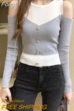 Fake Two Patchwork Knitted Sweater Women Autumn Slim Sexy Off Shoulder Sweaters Cropped Pullover 2023 Winter Woman