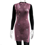 Fongt Women's Mesh Flash Diamond Round Collar Dress