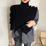 Chic 2020 Autumn High Collar Side Buttons Fake Two-piece Shirt Stitching Striped Bubble Sleeve Sweater Blue