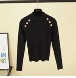 Sleeve O-neck High Quality Sweater Shirts With Decorated Buttons Girls Stretchy Crop Tops Autumn Sweaters Pullovers Women-Outfit