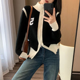 Fongt / Winter 2023 New Korean Version Cardigan Female Zipper Coat Long Sleeve Solid Color Top Loose Turtleneck Sweater-Outfit