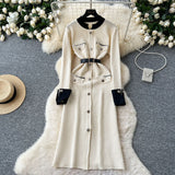 Fongt And Winter Small Fragrant Style Long-Sleeved Temperament Dress Elegant Metal Button Decoration Waist Open Fork Knitting Dress
