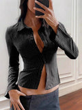 Fongt Striped Casual Open-Shirt Button Long-Sleeved Shirt