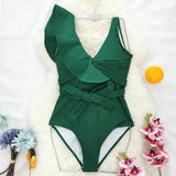 Solid Color Heavy Industry Pressure Line Lotus Edge Rope Belt Banding Swimsuit Women 2025 New