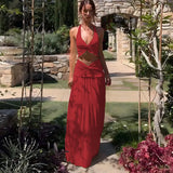 Fongt New Women's Fashion Sexy V-Neck Hanging Neck Sling Wooden Ear Dress Two Sets