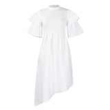 Fongt Women's 2025 Summer New Double-Layered Lotus Leaf Sleeves Pure-Colored Dress Dress