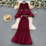 Fongt Fashion Strap To The Waist Horn Sleeve Lotus Loaf Under The Pendulum Folding Folding Top + High-Waisted Fish Tail Half-Body Dress